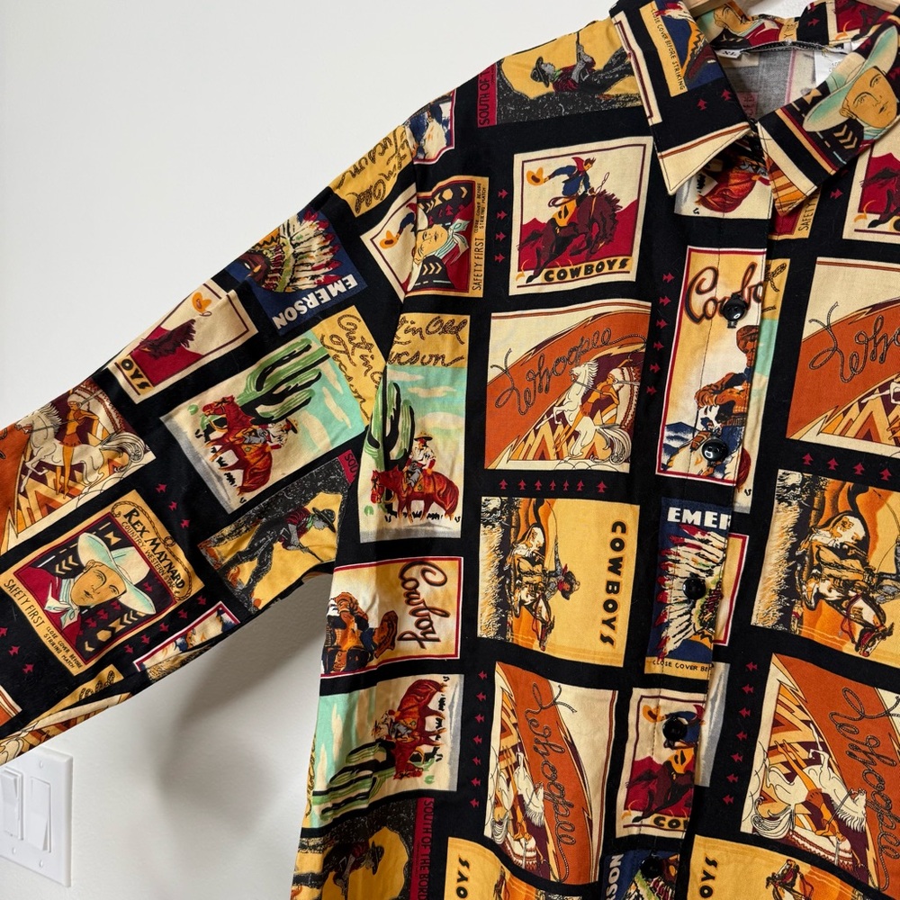 Vintage Made in USA 100% Cotton Cowboy Western Button Down post card print XL - Picture 5 of 7